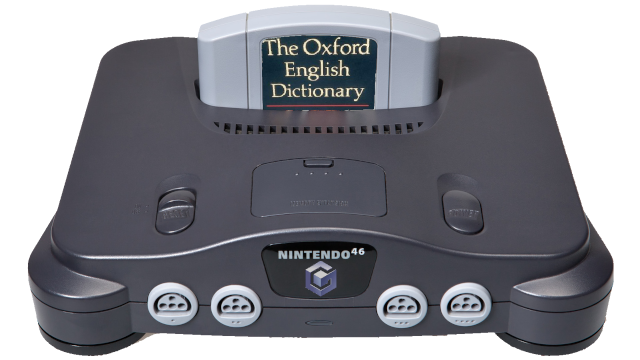 nintendo 64 with 'the oxford english dictionary' in the cartridge slot and some subtle inaccurracies'